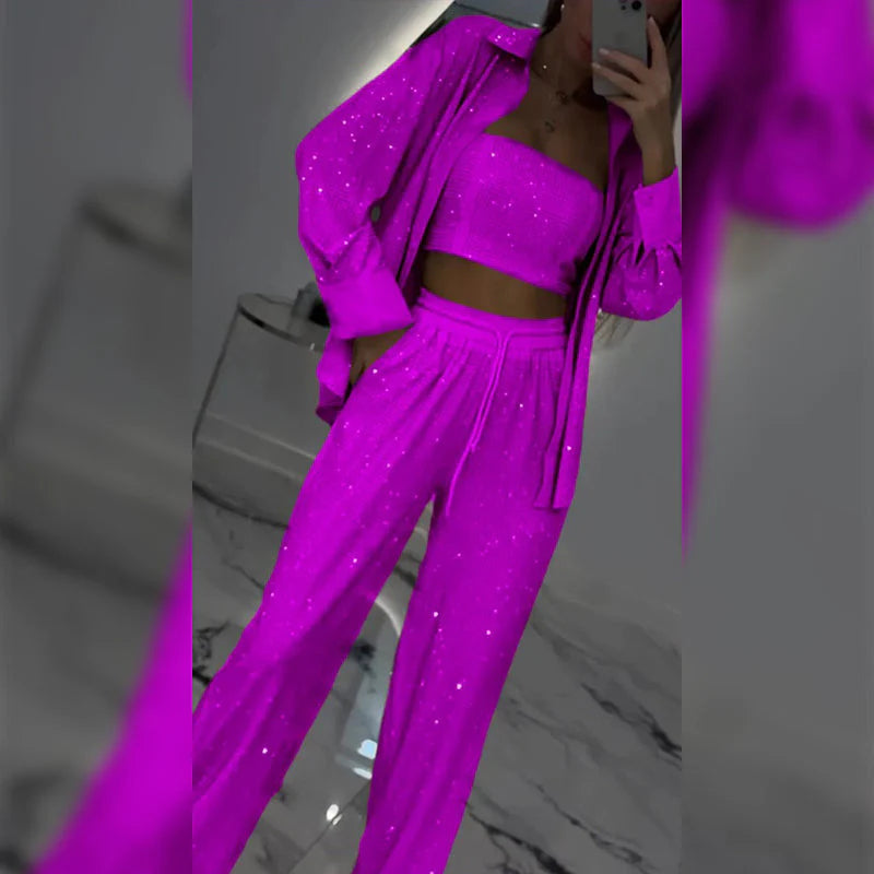 💕2025 HOT SALE💐Blazer och vida byxor med paljetter för kvinnor (3-delat set)/💕2025 HOT SALE💐Blazer och vida byxor med paljetter för kvinnor (3-delat set)