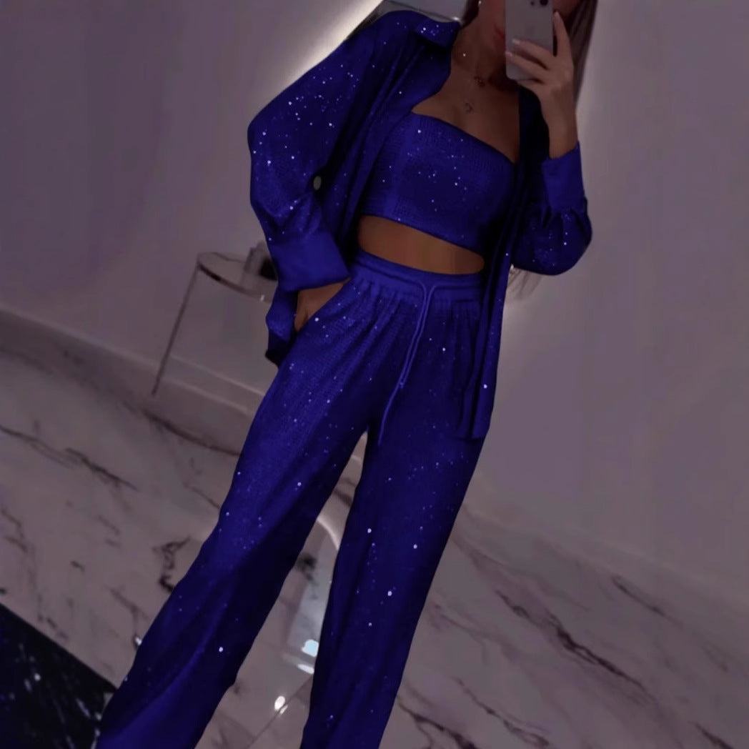 💕2025 HOT SALE💐Blazer och vida byxor med paljetter för kvinnor (3-delat set)/💕2025 HOT SALE💐Blazer och vida byxor med paljetter för kvinnor (3-delat set)