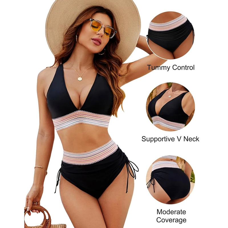 ⏰Veckans specialerbjudande: 60 % rabatt☀️2025 Tummy Control Colour Block bikinis med hög krage