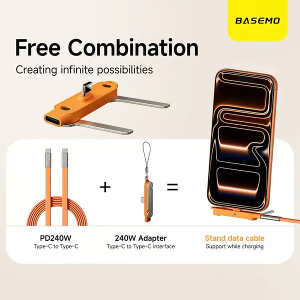 2-i-1 laddningskabel med 240W SuperCharge, 360° roterbart & osynligt stativ, avtagbar design