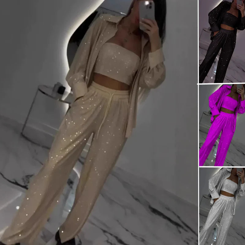 💕2025 HOT SALE💐Blazer och vida byxor med paljetter för kvinnor (3-delat set)/💕2025 HOT SALE💐Blazer och vida byxor med paljetter för kvinnor (3-delat set)