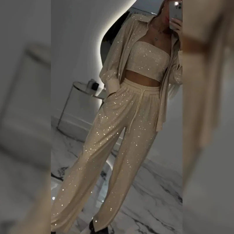 💕2025 HOT SALE💐Blazer och vida byxor med paljetter för kvinnor (3-delat set)/💕2025 HOT SALE💐Blazer och vida byxor med paljetter för kvinnor (3-delat set)