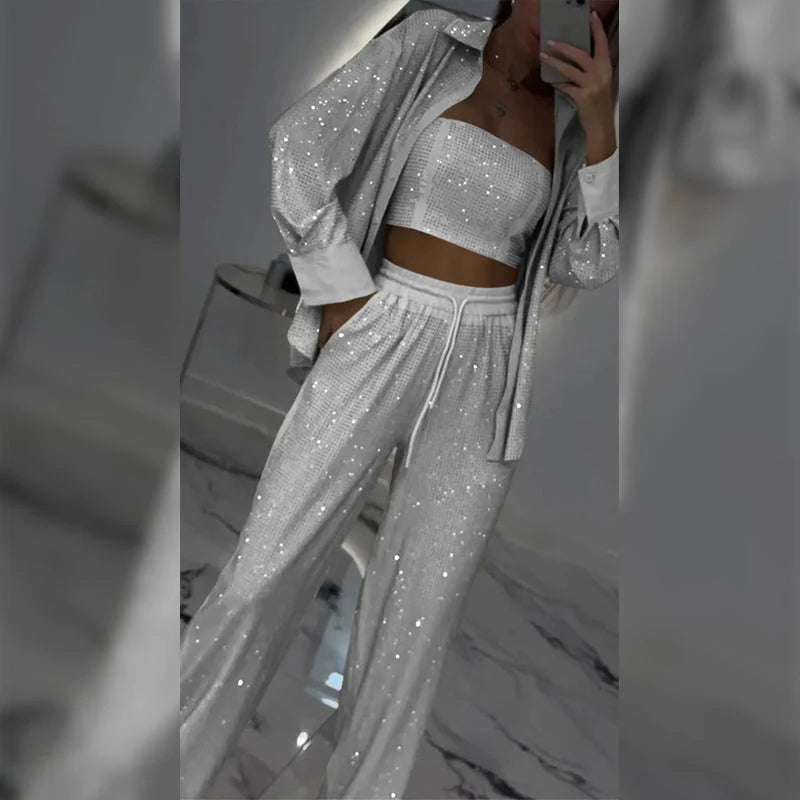 💕2025 HOT SALE💐Blazer och vida byxor med paljetter för kvinnor (3-delat set)/💕2025 HOT SALE💐Blazer och vida byxor med paljetter för kvinnor (3-delat set)