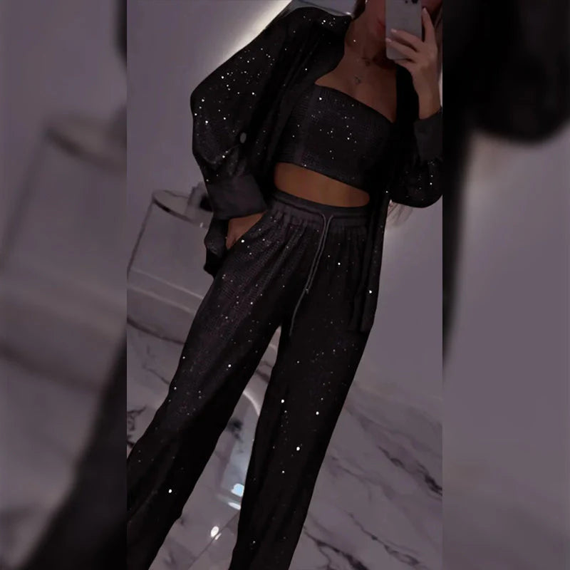 💕2025 HOT SALE💐Blazer och vida byxor med paljetter för kvinnor (3-delat set)/💕2025 HOT SALE💐Blazer och vida byxor med paljetter för kvinnor (3-delat set)