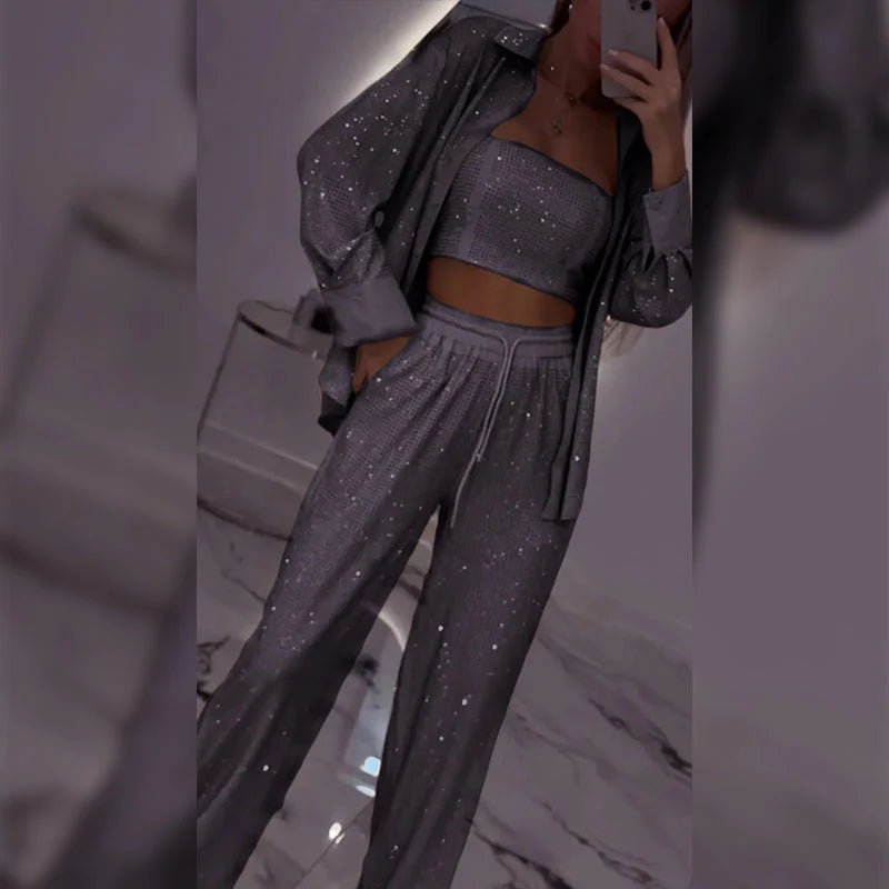 💕2025 HOT SALE💐Blazer och vida byxor med paljetter för kvinnor (3-delat set)/💕2025 HOT SALE💐Blazer och vida byxor med paljetter för kvinnor (3-delat set)