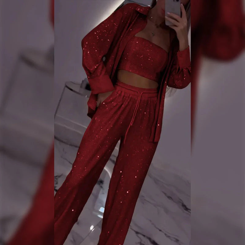 💕2025 HOT SALE💐Blazer och vida byxor med paljetter för kvinnor (3-delat set)/💕2025 HOT SALE💐Blazer och vida byxor med paljetter för kvinnor (3-delat set)